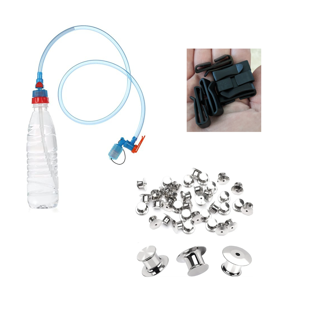 Schweitzer Hydration Kit, 10 Pin Backs and Bag Strap Clip for Backpacks